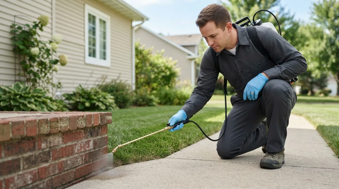 Pest control technician treating a home near Ridge, MD